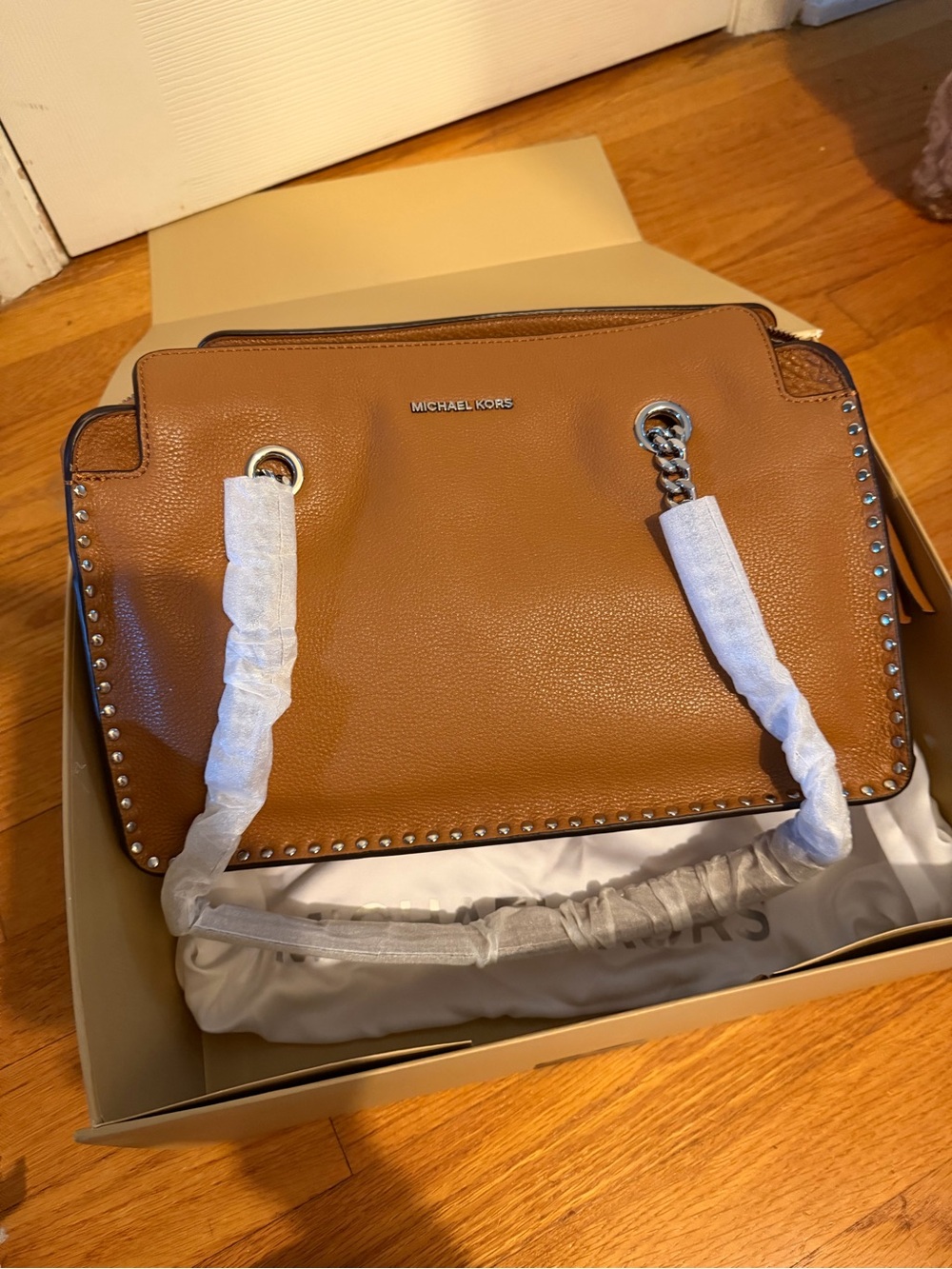 Michael Kors Cognac Leather Shoulder Bag with Stud Trim